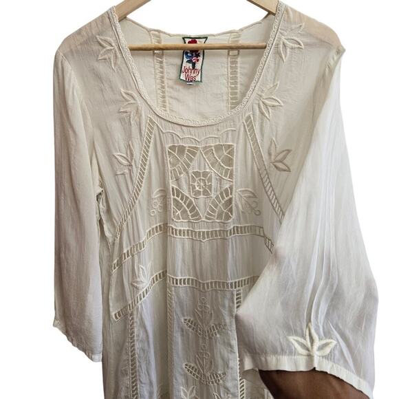 Johnny Was Women Ivory Sheer Floral Embroidered Dress S Boho Silky Peasant Fairy - Picture 4 of 12